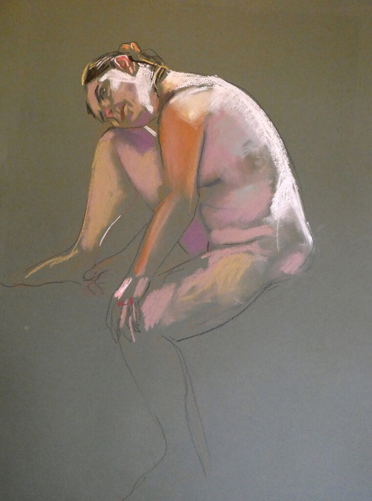Life drawing in pastels on pastel paper,